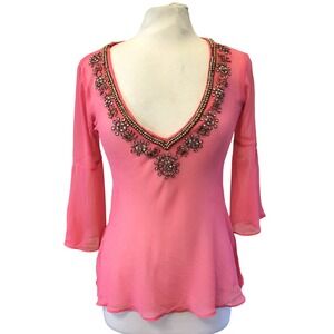 Solitaire Los Angeles Rhinestones Sheer Hot Pink Deep V-neck Bell Sleeve Tunic S